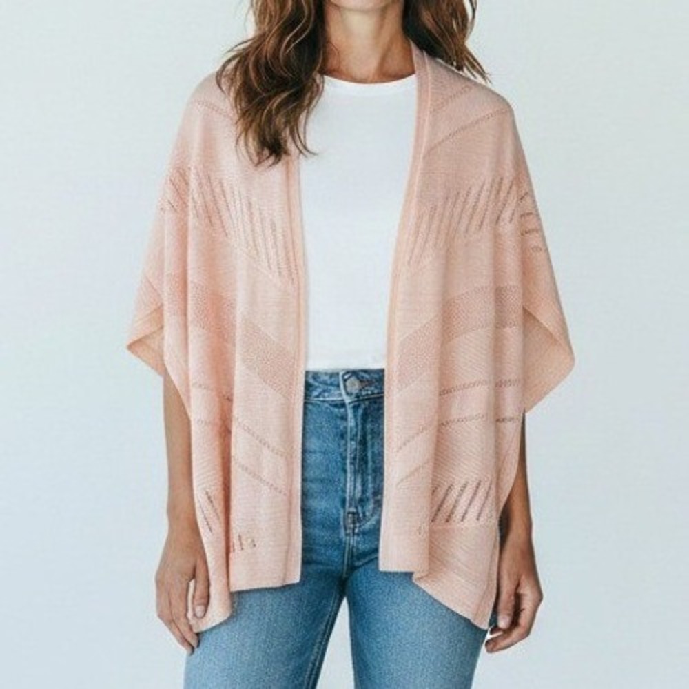 Chico's Women Cardigan S/M Peach Pointelle Chevron Knit Kimono Boho Coastal